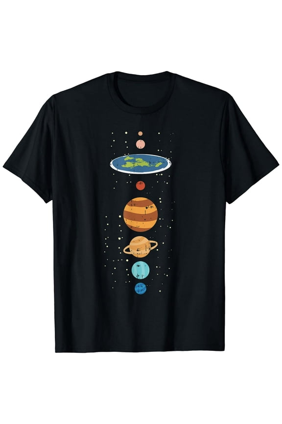 Flat Earth And Planets Funny Mens Black T-Shirt Short Sleeve Cotton Tee Unisex