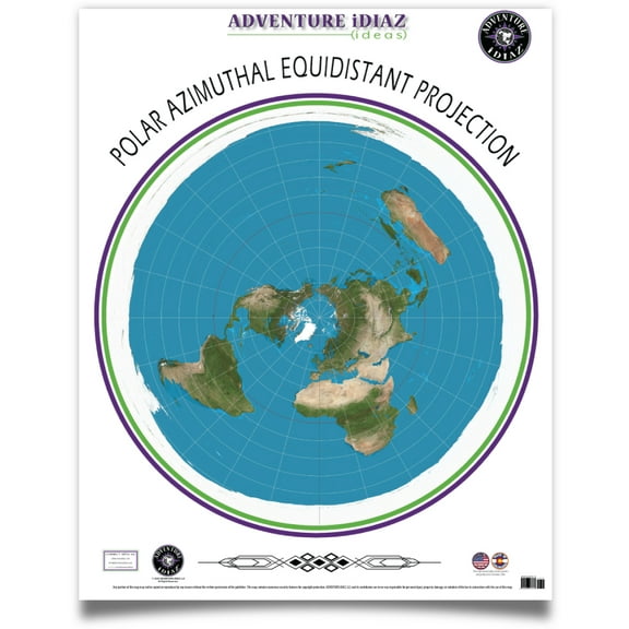Flat Earth Map (36"x46"-LARGE) Polar Azimuthal Equidistant Map; by ADVENTURE iDIAZ