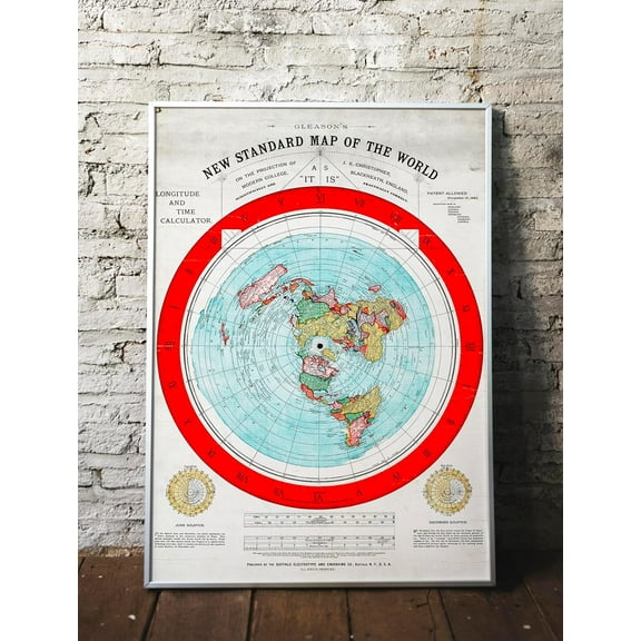 Flat Earth Map of the World - 1892 Alexander Gleason Map - Wall Art Print Décor Gift - Circular Plane - Longitude and Time - Polar Azimuthal Projection - Flat Earthers - Unframed Home School Gift (16