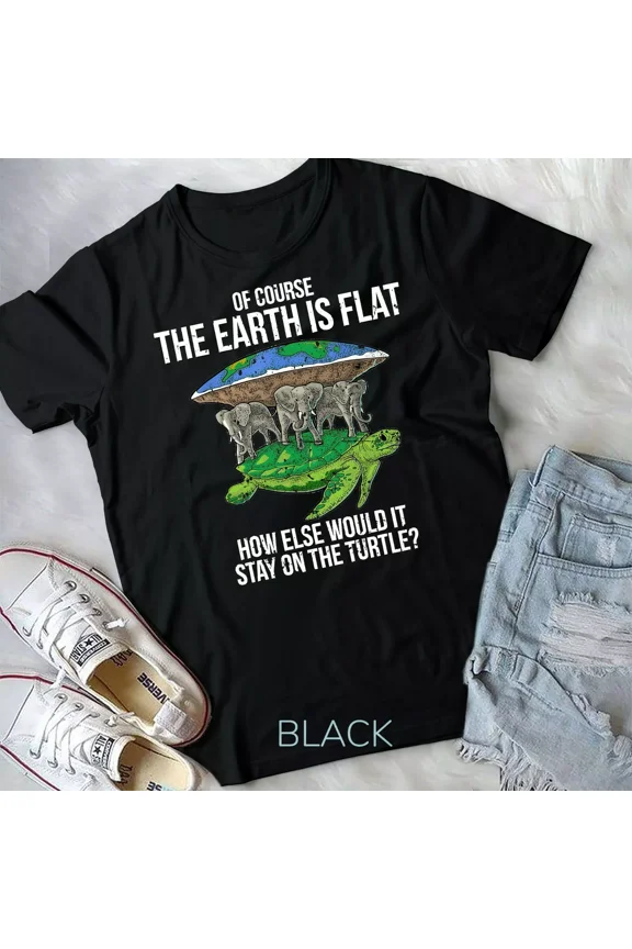 Flat Earth Society Member with Turtle and Elephants, Funny Theory New Unisex T-Shirt