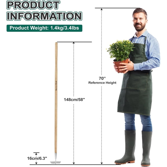 Flat Edge Garden Hoe, 58'' Hoes Garden Tool with Long Wood Handle, Stainless Steel Weeding Hoe, Heavy Duty Weeder Hoe Tool for Gardening Digging Soil Loosening, Edging & Cultivating