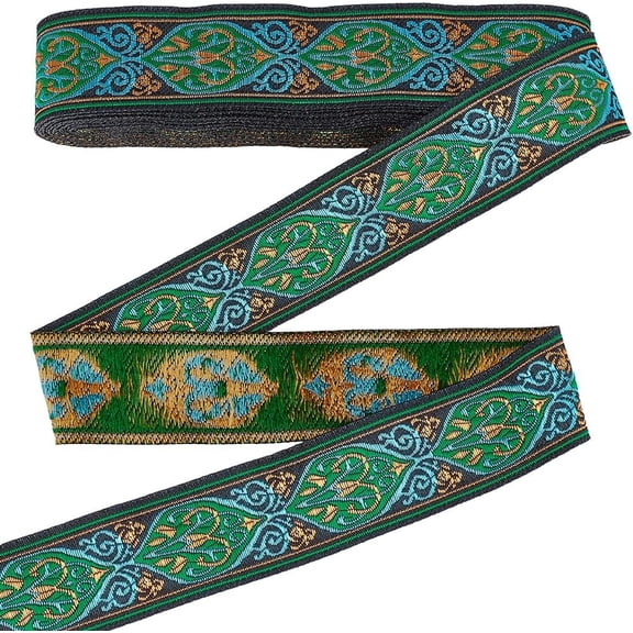 Flat Ethnic Style Polyester Embroidered Floral Ribbon Clothes Accessories Green 1-1/4 inch(33mm) about 7.66 Yards(7m)/pc