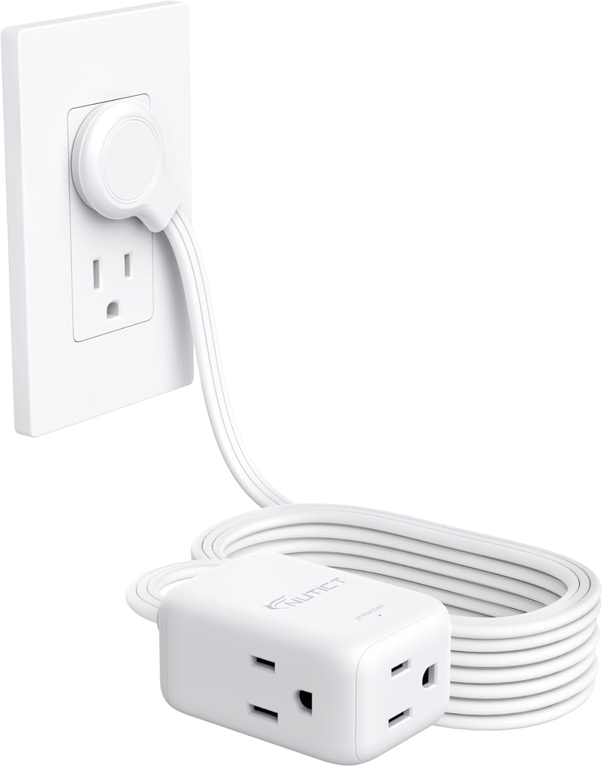 Flat Extension Cord 15ft Long, ETL Listed, 3 Prong Indoor Cord Extension, Surge Protector, 13A/1625W, 900J, Low Profile Right Angle Flat Wall Plug, Behind Bed Couch Furniture Tight Space, White