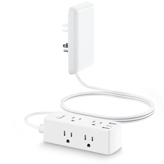 Flat Extension Cord 5 Foot, Low Profile Flat Plug Power Strip 6 AC Outlet 3 USB with Outlet Cover, Hidden Extender for Tight Spots Home Use