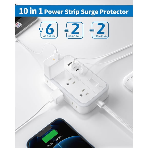 Flat Extension Cord 5 ft and 15 ft, Surge Protector Power Strip with 6 Widely Outlets 4 USB Ports(2 USB C), Flat Plug, Wall Mounted, Side Outlet Extender for Indoor, Home Office, Dorm Room Essentials