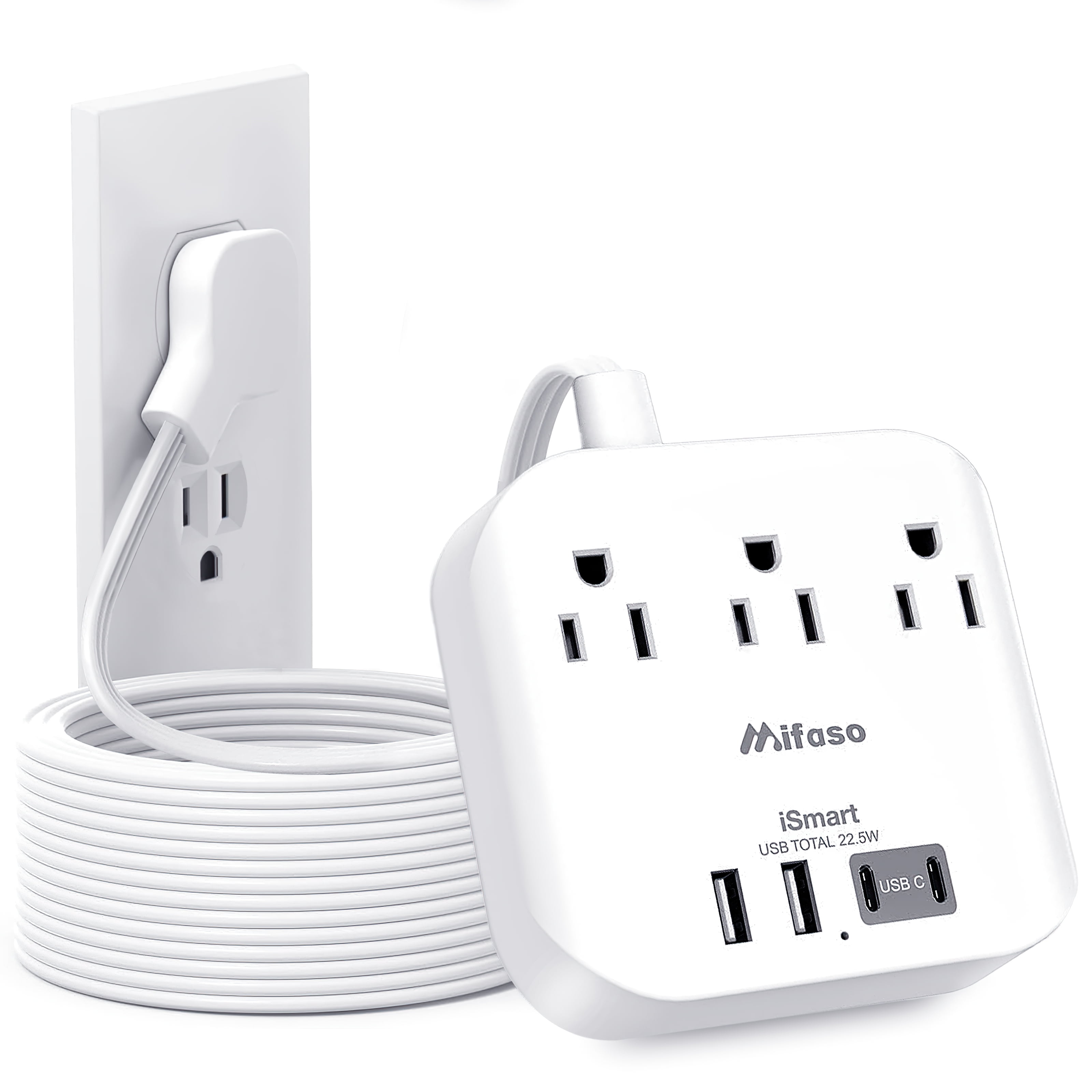 Flat Extension Cord, 5ft Ultra Flat Plug Power Strip 3 Outlets 4 USB Ports (2 USB C) Desk