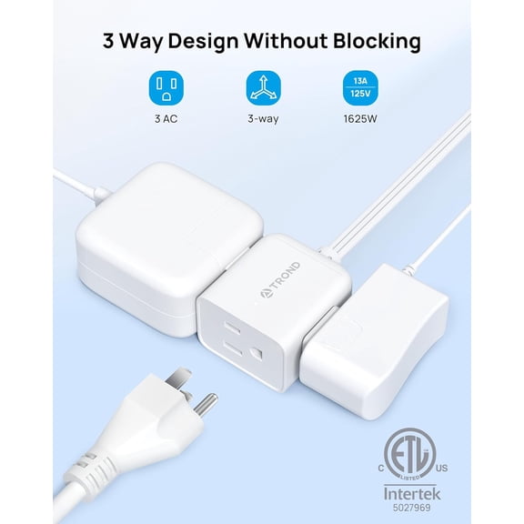 Flat Extension Cord 6 Feet - Right Angled Flat Plug Power Strip, ETL Listed, 3 Plug Extension Outlets, Three Prong, SPT 16/3 Gauge, 13A, Small for Indoor Home Office Cruise Ship Travel, White