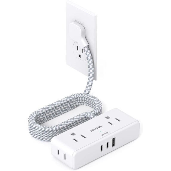 Expented Plug Flat Extension Cord 6 , Flat Plug Power Strip, 4 Widely Outlets with 3 ...