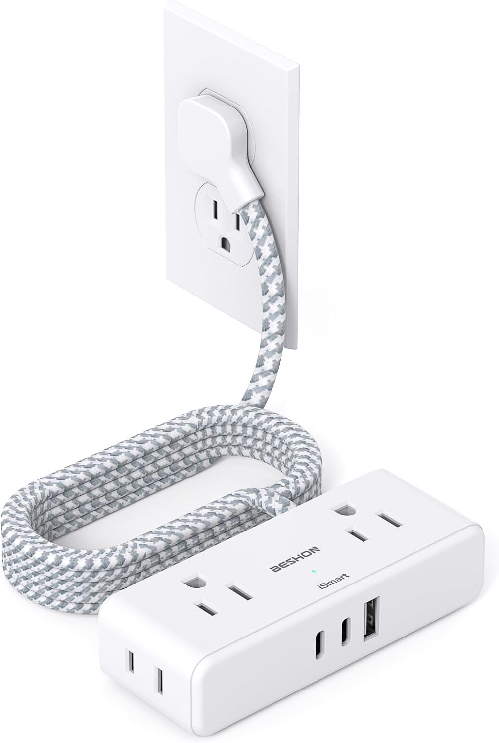 Flat Extension Cord 6 feet, Flat Plug Power Strip, 4 Widely Outlets with 3 USB Ports (2 USB C