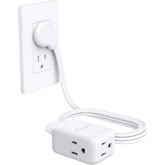 Flat Extension Cord 6ft, ETL Listed, Indoor 3 Prong Cord Extension, 900J Surge Protector, 13A/1625W, Right Angle Flat Wall Plug, 3 Way Small Outlet Extender for Kitchen Home Office, White