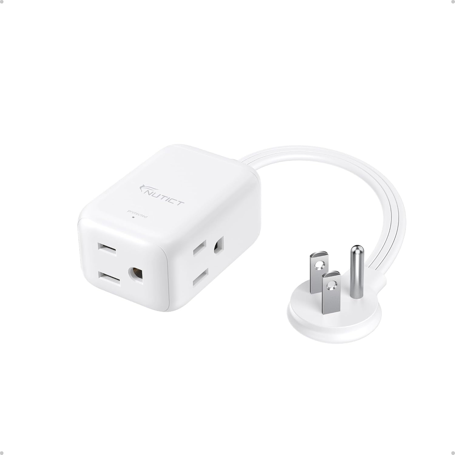 Flat Extension Cord Short 1.5ft, ETL Listed, 3 Prong Indoor Extension Cord with 900J Surge Protector, 13A/1625W, Left Angle Flat Wall Plug, Small Outlet Extender for Kitchen Bathroom, White