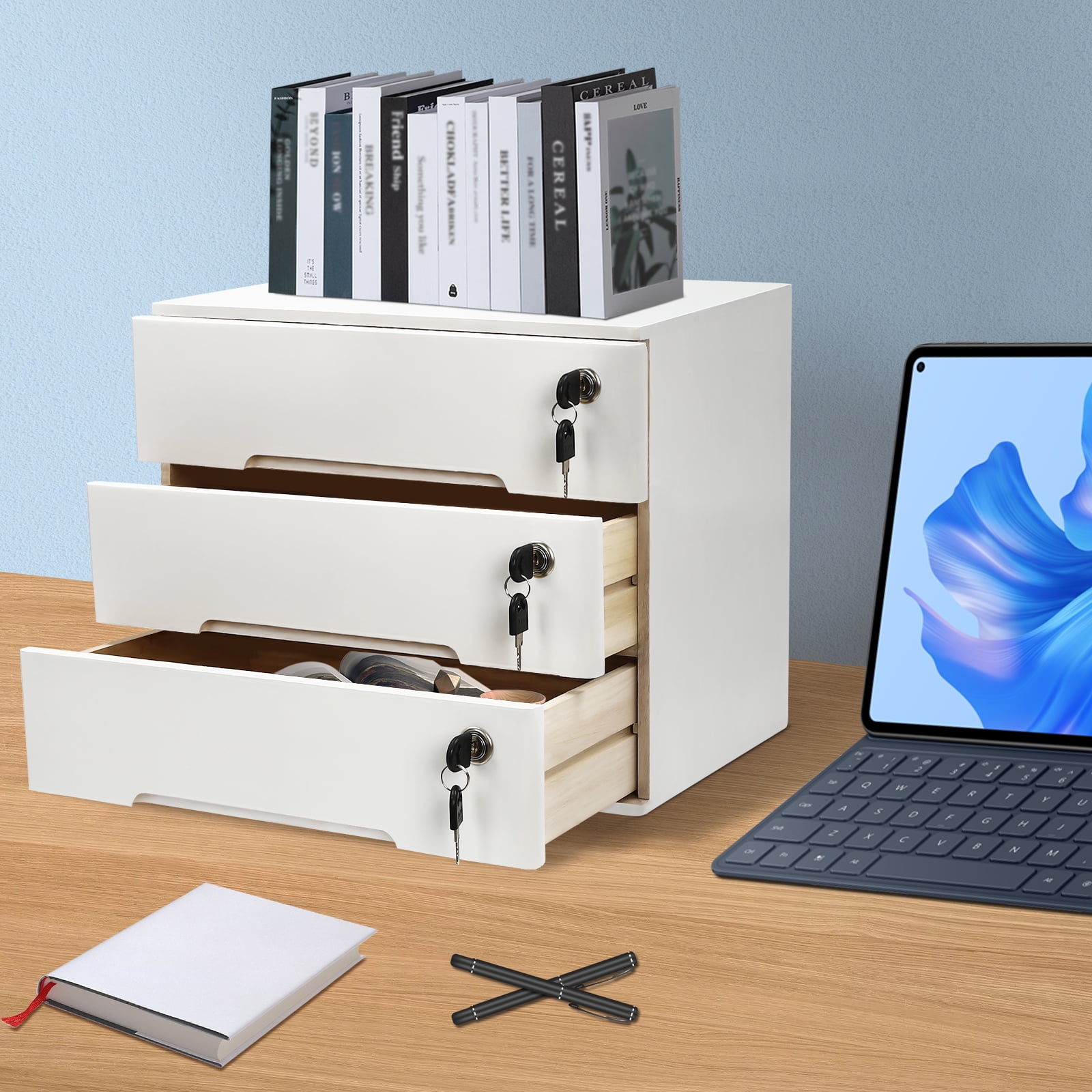 Flat File Cabinet 3 Tiers Wooden Desktop Storage Box with Lockable Drawers, Office Supplies File Organizer