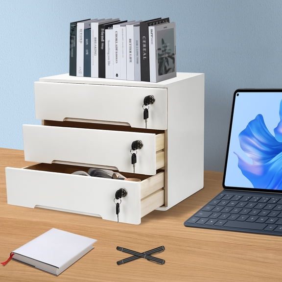 Flat File Cabinet 3 Tiers Wooden Desktop Storage Box with Lockable Drawers, Office Supplies File Organizer