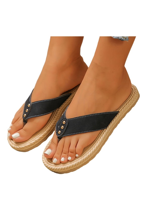 Flat Flip Flops for Women Fashion Studded Thong Sandals Comfortable Solid Color Slip On Slide Beach Shoes Black Size 9