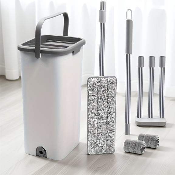 Flat Floor Mop And Bucket, 3 Washable Microfiber Pads Included, Wet And Dry Use, Home Floor Cleaning System for Floor And Windows