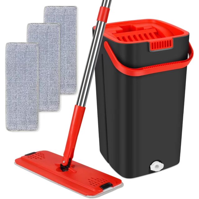 Flat Floor Mop and Bucket, Flat Mop Bucket with 3 Microfiber Mop Pads