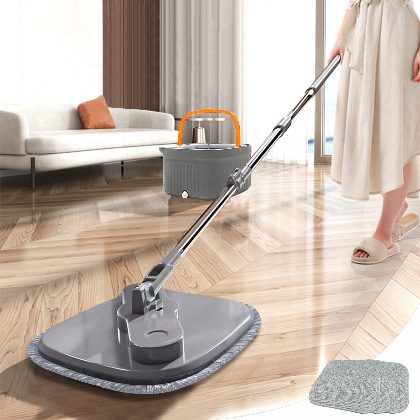 Flat Floor Mop and Bucket Set with Wringer, Self Wringing Microfiber Spin Mops Bucket for Floor Cleaning, Separate Dirty Water, Mops for Hardwood