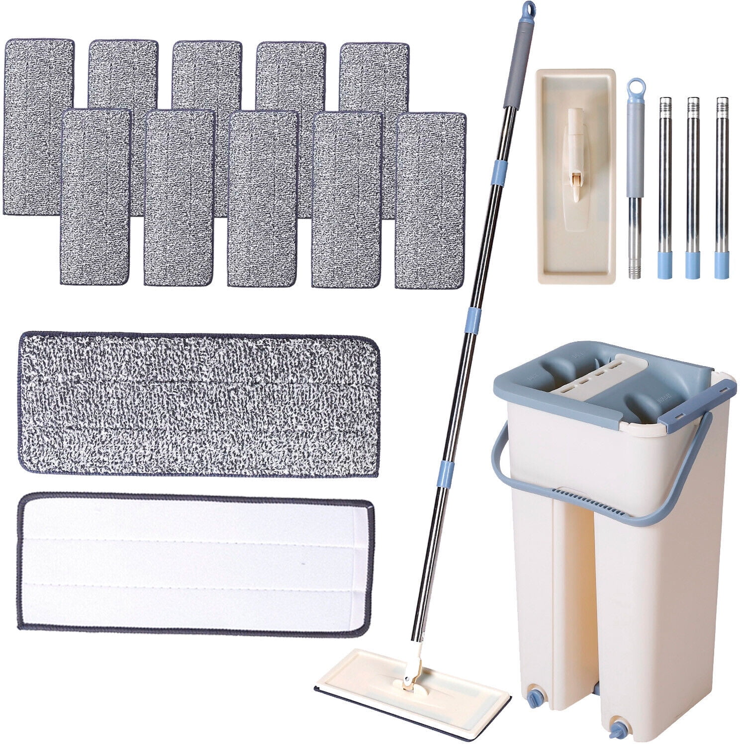 Beige Flat Mop and Self-Cleaning Bucket Set with Microfiber Pads