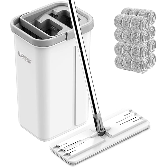 Flat Floor Mop and Bucket with Wringer Set, 360 Rotatable Head, 8 Washable Microfiber Pads, Wet and Dry Use