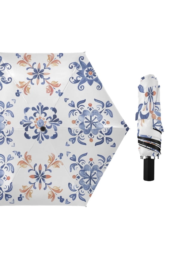 Flat Florals Pattern All Weather Umbrella Triple Folding Parasol 6 Ribs UV Protection Portable
