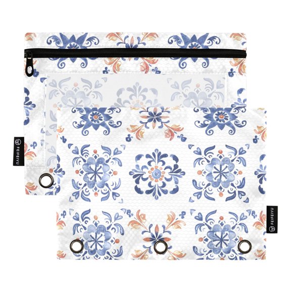 Flat Florals Pattern Binder Pouches Zipper Pocket Document Storage 3 Rings 2 Packs A5 Size