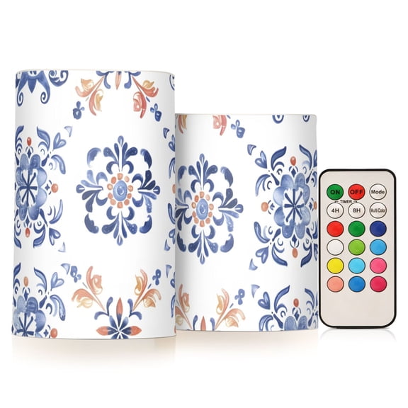 Flat Florals Pattern Flickering Flameless Candles LED Tealight Battery Operated with Remote Set of 2 Holiday Decor Ornaments