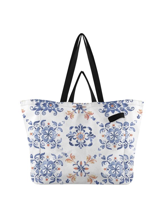 Flat Florals Pattern Foldable Canvas Tote Bags Reusable Grocery Bags Laundry Bags Beach Bag 32L