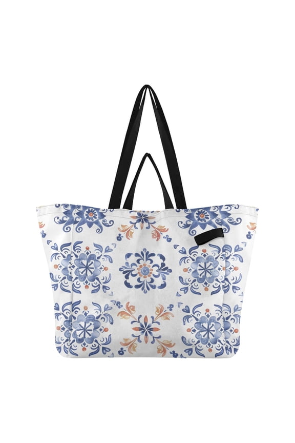 Flat Florals Pattern Foldable Canvas Tote Bags Reusable Grocery Bags Laundry Bags Beach Bag 32L