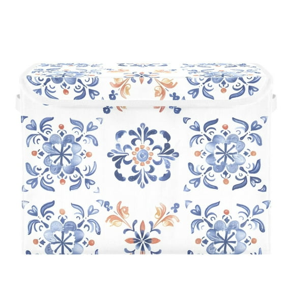 Flat Florals Pattern Foldable Storage Bin with Lid and Handle Collapsible Storage Box 16.5 x 12.6 x 11.8 inches