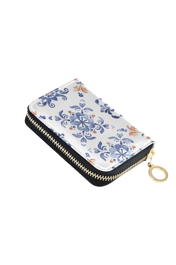 Flat Florals Pattern Women's Credit Card Holder PU Leather Zipper Wallet RFID Blocking