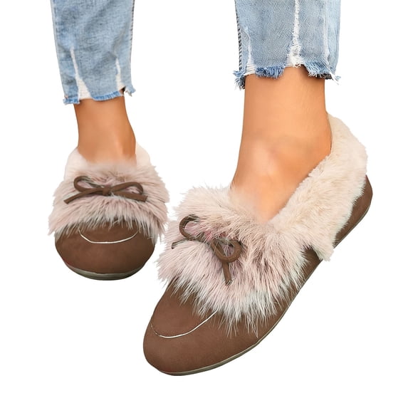 Flat Fluffy Casual Shoes for Women Comfortable Slip On Fuzzy Loafers Furry Lined Vintage Suede Bowknot Ankle Short Boots Brown Size 8.5