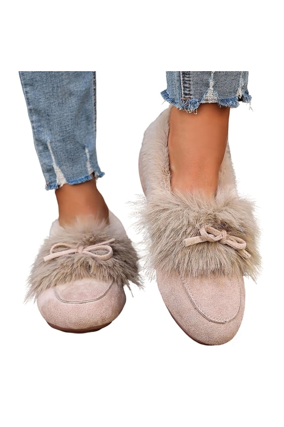 Flat Fluffy Casual Shoes for Women Comfortable Slip On Fuzzy Loafers Furry Lined Vintage Suede Bowknot Ankle Short Boots White Size 7
