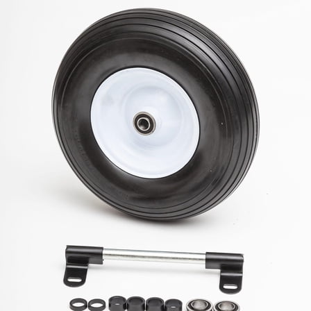 Flat Free 4.00-6 Wheelbarrow Wheel and 10" x 0.75" Axle Kit, Wheelbarrow Axle Shaft and 2.1” x 3.3” Brackets with Replacement 13 inch Tire and Wheel