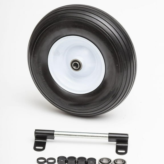 Flat Free 4.00-6 Wheelbarrow Wheel and 10" x 0.75" Axle Kit, Wheelbarrow Axle Shaft and 2.1” x 3.3” Brackets with Replacement 13 inch Tire and Wheel