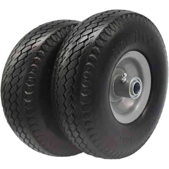 Flat Free 4.10/3.50-4 Tire with 3/4 & 5/8 Axle Bore, 3” Center Hub 10 inch Solid Tire Replacement for Hand Truck/Wagon/Garden Cart/Wheelbarrow/Dolly(Set of 2)