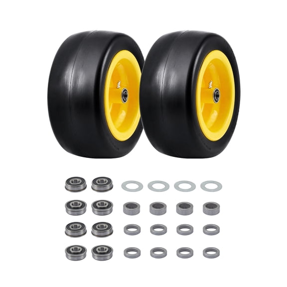 Flat Free Lawn Mower Tire & Wheel Set – 2 Pack with Precision 1/2", 3/4", 5/8" Bearings – 5.3"-7.5" Center Hub – Replacement for Riding Mower, Garden Tractor, Zero Turn, Commercial Turf – Yellow Hub