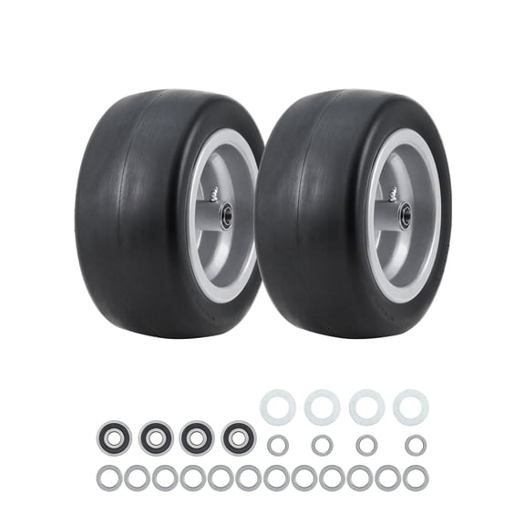 Flat Free Solid Rubber Lawn Mower Tire, 500 lb Capacity No Flat Replacement Wheel with Bearings, Centered Hub.