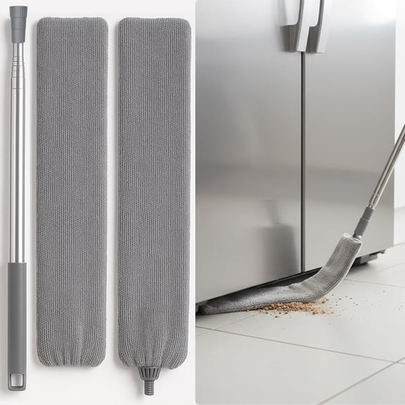 Flat Gap Dust Cleaner with Extendable Pole, PETGLE Retractable Under Appliance Duster with 2 Washable Microfiber Pads, Slim Flexible Gap Mop for Cleaning Under Bed Sofa Cabinet Refrigerator Gray