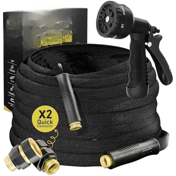 Flat Garden Hose 50FT Non-Expanding, No-Kink, Leak-Proof Rubber Hose with Brass Fittings & 9-Function Nozzle Lightweight, Flexible, Collapsible Water Hose for Garden, RV, Camper$$Garden & Patio