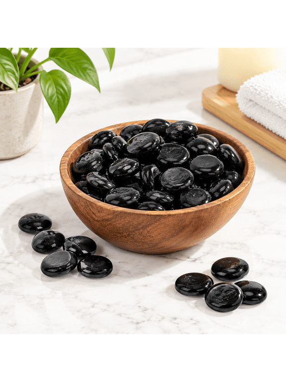 Flat Glass Marbles Stones Flat Bottom Marble Beads 17-19mm Smooth Stone Pebbles for Home Decoration Fire Pit Landscaping Glass Gemstone for Fish Tanks Flower Pots DIY Crafts (Black)