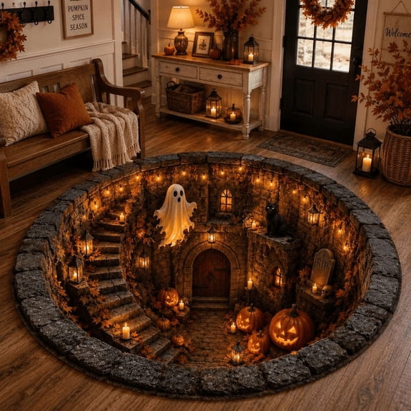 Flat Halloween Haunted Well Round Rug, 3D Ghost Skeleton Black Cat Carpet