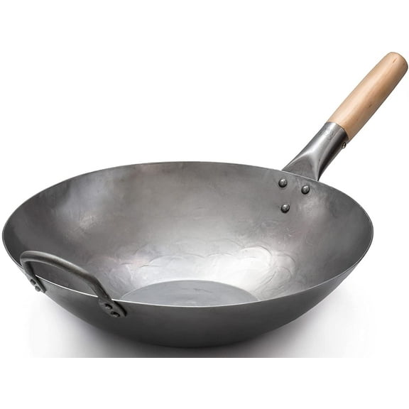 Flat Hand Hammered Carbon Steel Pow Wok with Wooden and Steel Helper Handle 14 Inch Flat Bottom 731W316