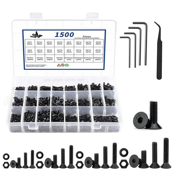 Flat Head Hex Socket Cap Screw Assortment Kit, 1500PCS M2 M3 M4 M5 Machine Screws Bolts Nuts Washers, 10.9 Grade Alloy Steel Black Hardware Set for DIY, Repair, Assembly Projects