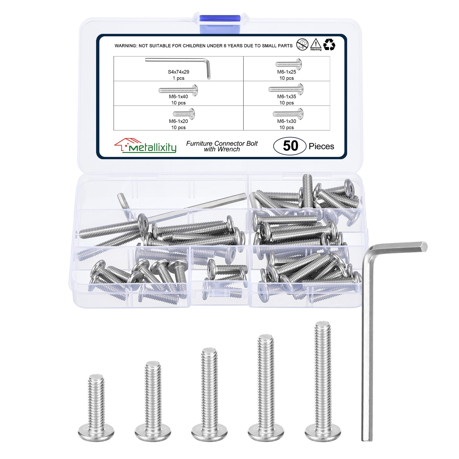 Flat Head Hex Socket Cap Screws Bolts(M6-1x20/25/30/35/40) 50Pcs, with Wrench Steel Hex Socket Furniture Bolts Countersunk Screws - for Furniture Woodworking Project, Silver Tone