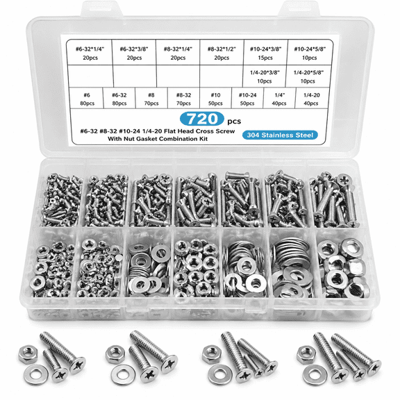 Flat Head Machine Screw kit 720-piece 304 Stainless Steel SAE Sizes Assortment