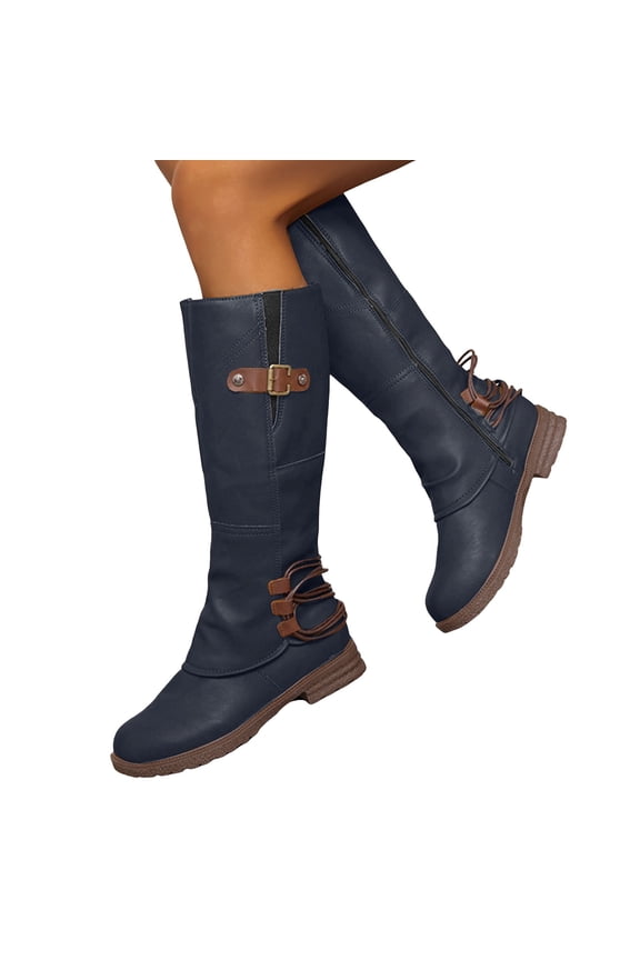 Flat Heel Knee High Boots Women Retro Fold Over Leather Round Toe Tall Riding Booties Zipper Winter Fall Boots