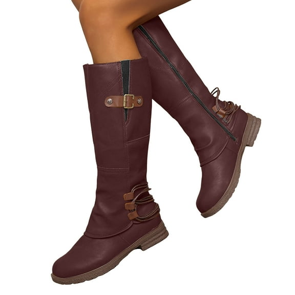 Flat Heel Knee High Boots Women Retro Fold Over Leather Round Toe Tall Riding Booties Zipper Winter Fall Boots