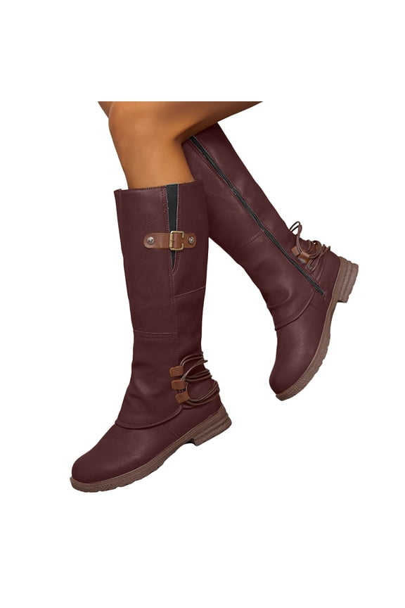 Flat Heel Knee High Boots Women Retro Fold Over Leather Round Toe Tall Riding Booties Zipper Winter Fall Boots