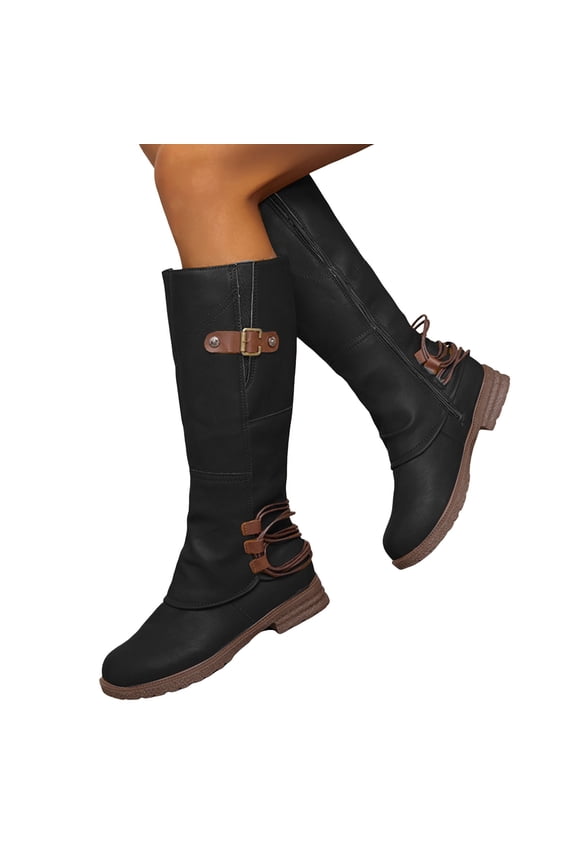 Flat Heel Knee High Boots Women Retro Fold Over Leather Round Toe Tall Riding Booties Zipper Winter Fall Boots
