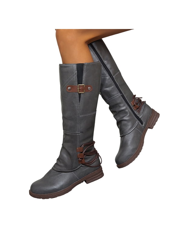 Flat Heel Knee High Boots Women Retro Fold Over Leather Round Toe Tall Riding Booties Zipper Winter Fall Boots